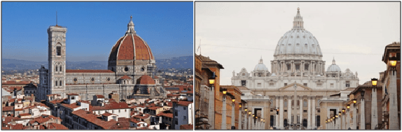 Exterior de la Catedral de Santa María di Fiori (izda.). Exterior de la Catedral de San Pedro de El Vaticano unido