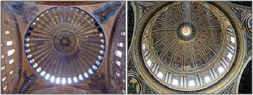 Interior de la cúpula de Santa Sofía de Constantinopla (izda.). Interior de la cúpula de San Pedro de El Vaticano unido