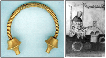 Torque de Burela S. III-II a.C. y Grabado del S. XV de un artesano con la tabla de trefilado manual. M. Elices 1988.